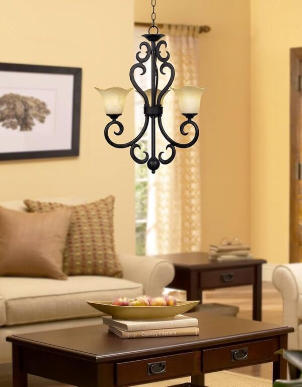 Rustic Traditional Pendant | Wrought Iron Chandelier Ceiling Light Fixture Dining Room Over Table Kitchen Island Foyer Scroll Hanging Three Light Brown Weathered Patina Finish - Image 4