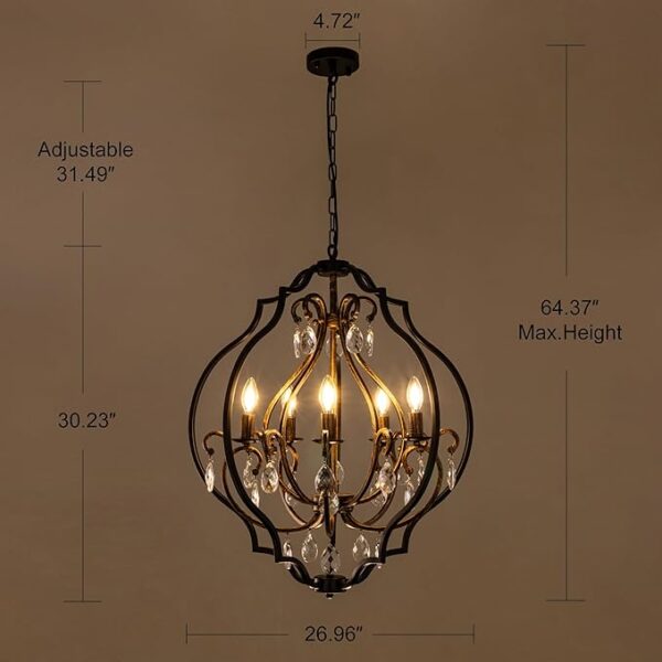 5 Lights Farmhouse Chandelier, Rustic Orb Chandeliers for Dining Room, Black Crystal Chandelier Light Fixture for Living Room, Bedreoom, Hallway, Bronze, D 27" - Image 2