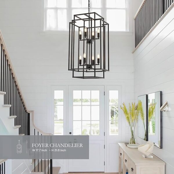 Iron chandelier | Chandelier |112 inch | 8-Light Lantern Tiered Pendant Light Fixtures, Black Metal Farmhouse Chandelier Hall Foyer Hanging Chandelier for Kitchen Island Dining Room Living Room Foyer Entryway, Black - Image 6
