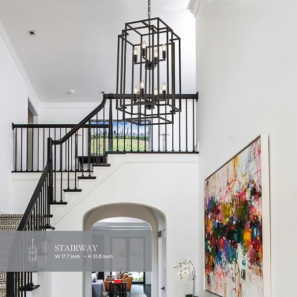 Iron chandelier | Chandelier |112 inch | 8-Light Lantern Tiered Pendant Light Fixtures, Black Metal Farmhouse Chandelier Hall Foyer Hanging Chandelier for Kitchen Island Dining Room Living Room Foyer Entryway, Black - Image 4