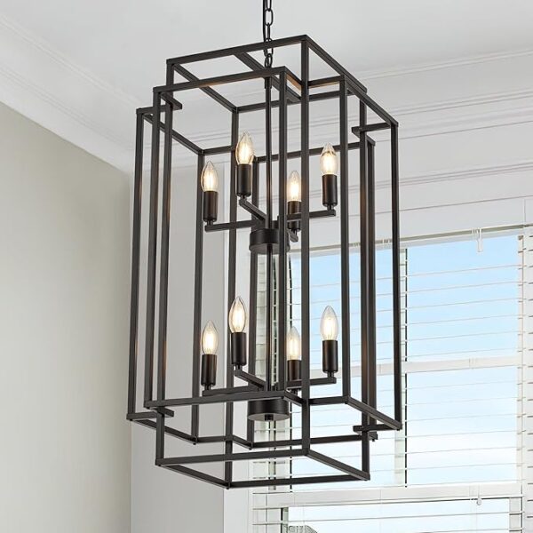 Iron chandelier | Chandelier |112 inch | 8-Light Lantern Tiered Pendant Light Fixtures, Black Metal Farmhouse Chandelier Hall Foyer Hanging Chandelier for Kitchen Island Dining Room Living Room Foyer Entryway, Black