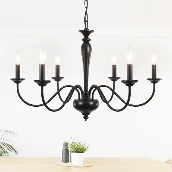 Farmhouse Chandelier for Dining Room 6 Lights Black Pendant Light Fixture Hanging Candle Iron Chandelier for Bedroom Kitchen Island Foyer Living Room Hallway