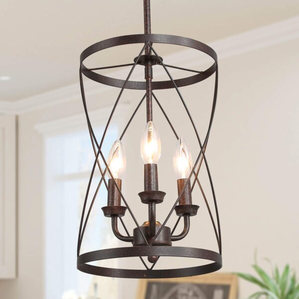 3-Light Industrial Chandeliers, Foyer Pendant Light, Hanging Fixture for Dining Room, Adjustable Height, Bronze Finish with Thin Metal Shade