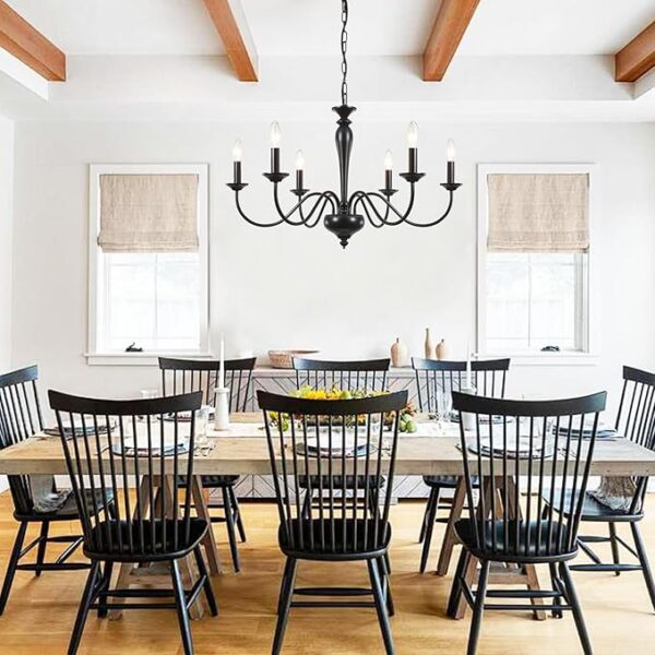 Farmhouse Chandelier for Dining Room 6 Lights Black Pendant Light Fixture Hanging Candle Iron Chandelier for Bedroom Kitchen Island Foyer Living Room Hallway - Image 3