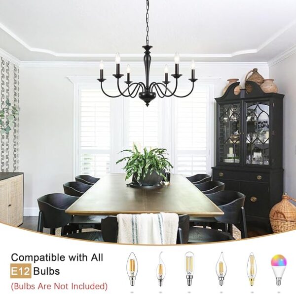 Farmhouse Chandelier for Dining Room 6 Lights Black Pendant Light Fixture Hanging Candle Iron Chandelier for Bedroom Kitchen Island Foyer Living Room Hallway - Image 2
