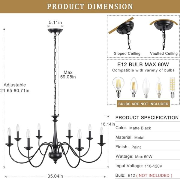 Modern Farmhouse Chandelier Black Pendant Light for Dining Room Light Fixtures Hanging 8 Lights Rustic Vintage Candle Pendant Lighting Fixture Ceiling for Kitchen Island Foyer Entry Living Room Bedroom - Image 5